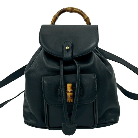 GUCCI Handbags - GUCCI (Old Gucci) Vintage Bamboo Leather Backpack Mini Navy Blue ni3-1